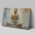 Framed canvas print of a serene Buddha in meditation with abstract elements and warm colour palette