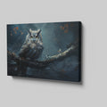 Framed canvas print of a mystical owl with amber eyes perched on a branch against a dark, moody background with autumn leaves