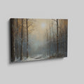 Framed canvas print of a tranquil snowy forest glade with soft dawn light filtering through the trees