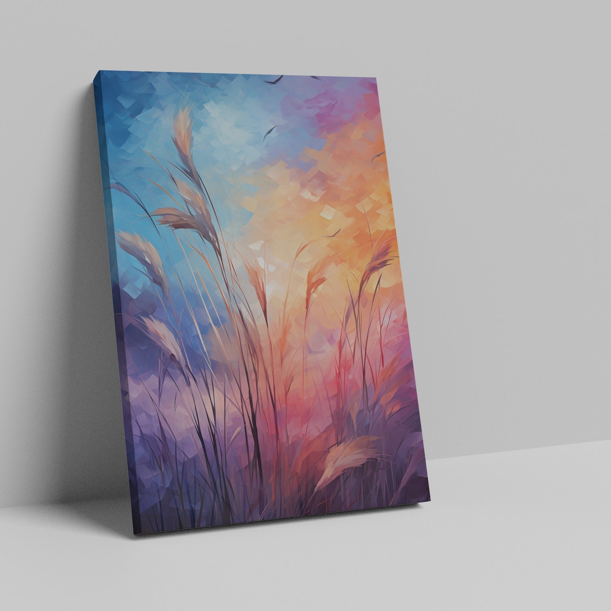 Framed canvas print of stylised grass with abstract, colourful geometric background