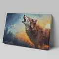 Framed canvas print of stylised howling wolf at sunset with forest backdrop