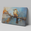 Framed canvas print of a vibrant impressionistic bird perched on a branch with abstract autumn background