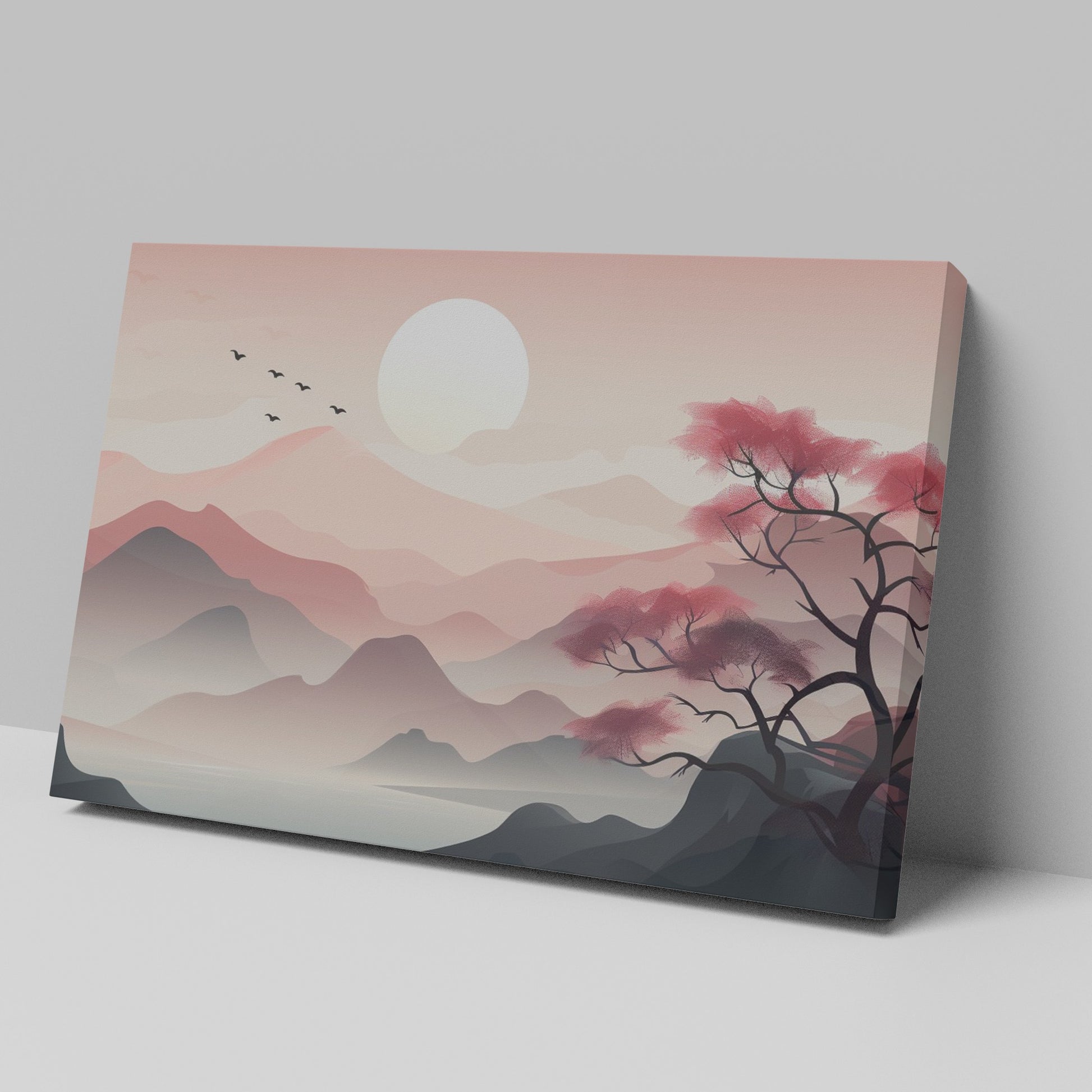 Framed canvas print of a tranquil pink sunrise over mountains with a reflective lake and silhouette of a tree