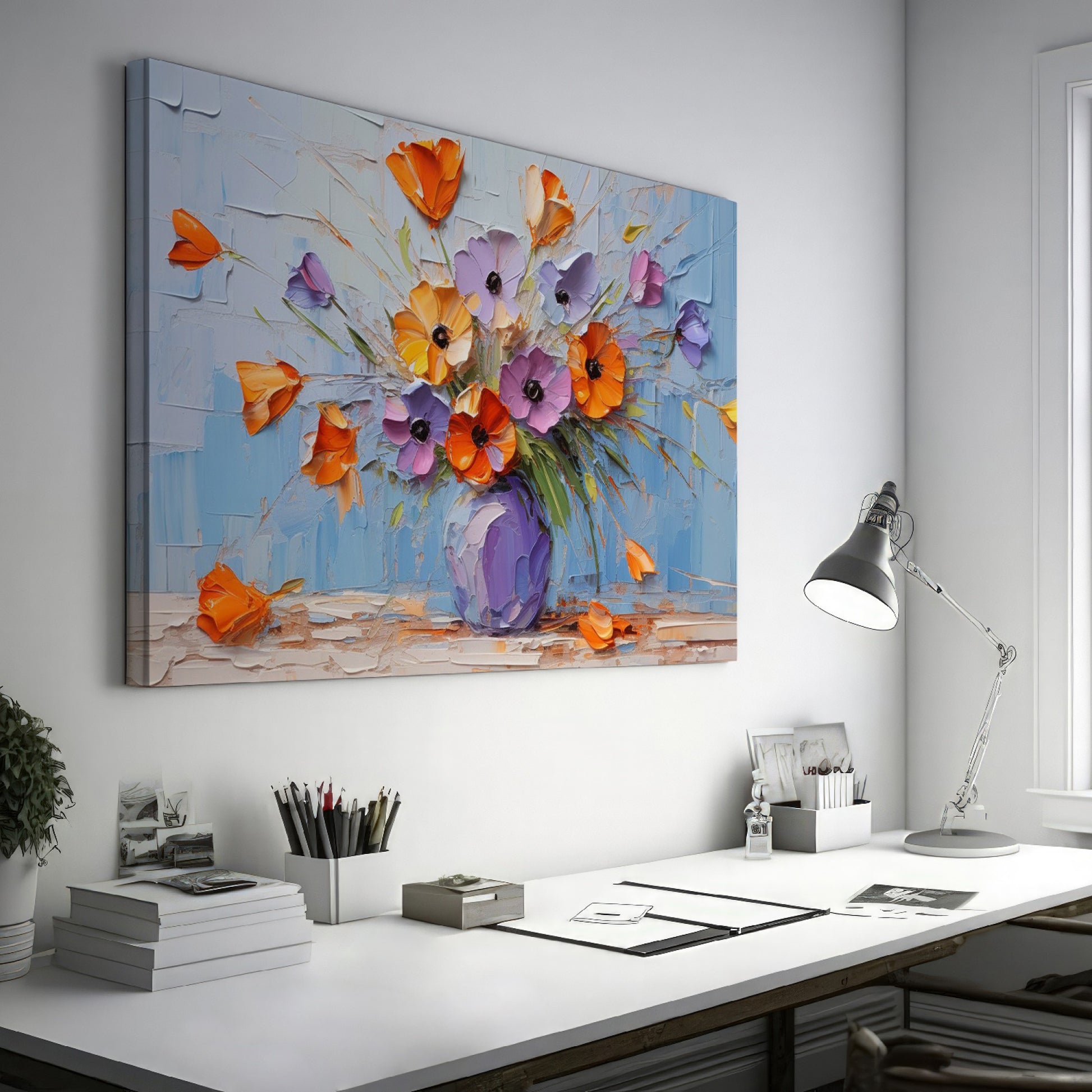 Framed canvas print of textured impasto poppies in a purple vase against a blue background