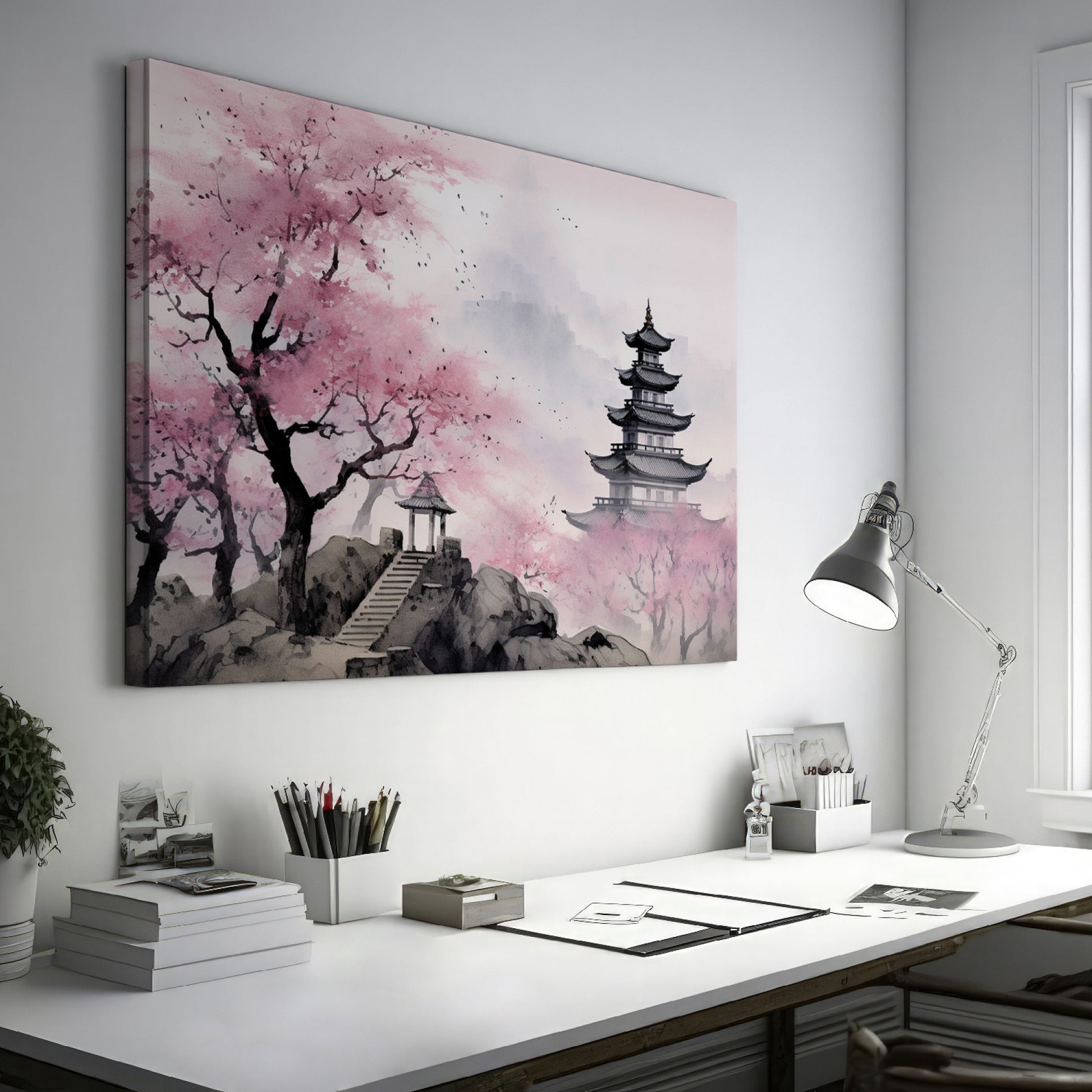 Framed canvas print of Oriental Pagoda in Mist with Cherry Blossoms