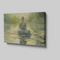 Framed canvas print of a meditative woman in a tranquil lotus pond with soft light and pastel colours