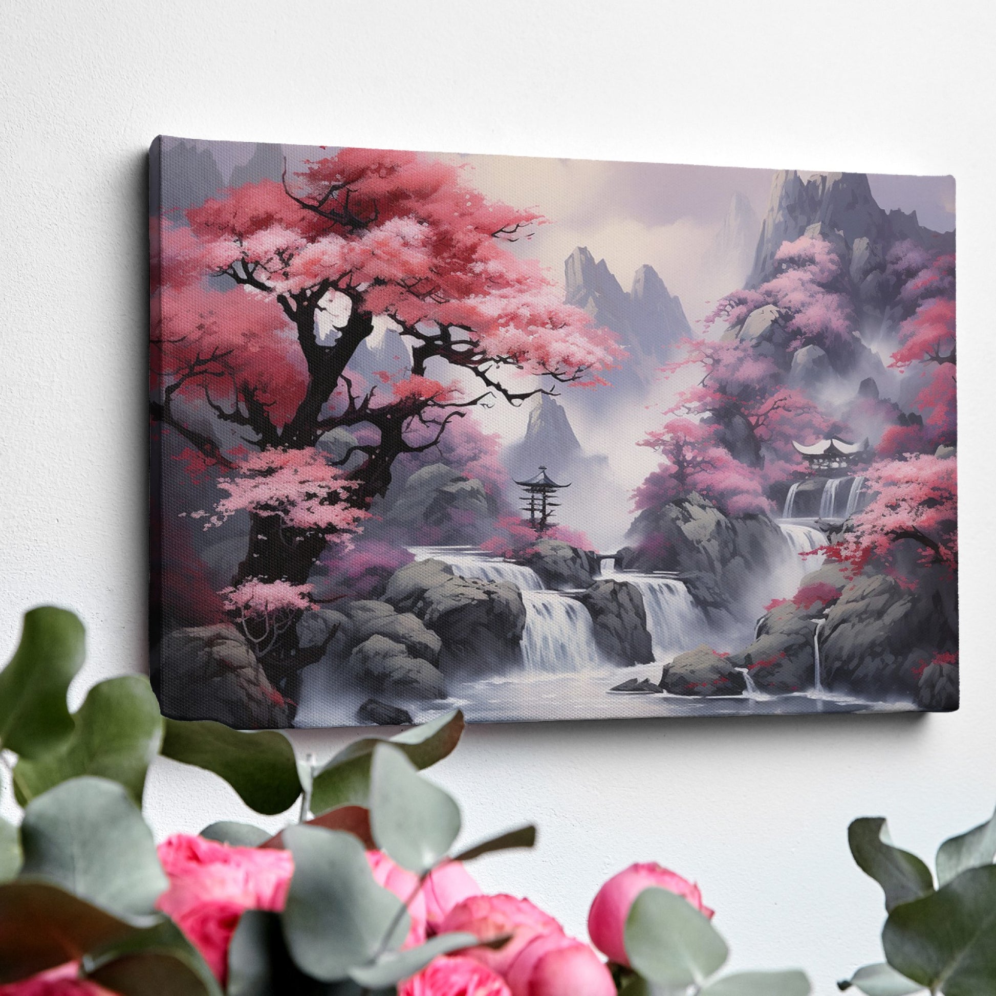 Framed canvas print of a mystic Eastern landscape with cherry blossoms and a mountain waterfall