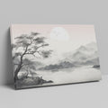 Framed canvas print of a monochrome Oriental ink wash landscape with misty mountains and a tree silhouette