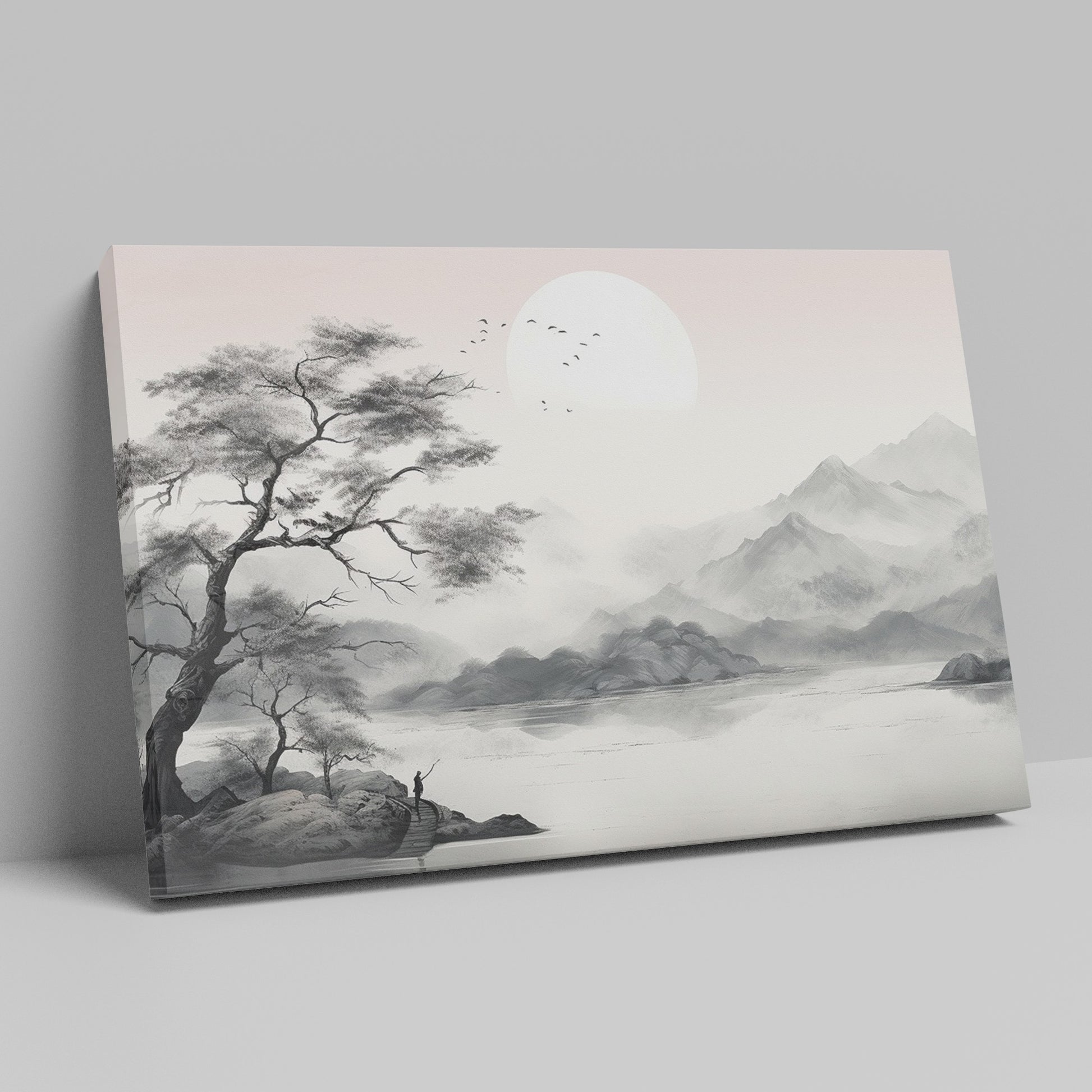 Framed canvas print of a monochrome Oriental ink wash landscape with misty mountains and a tree silhouette