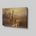 Framed canvas print of a family of giraffes in the savannah during sunset with warm tones