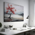 Framed canvas print of a serene landscape painting showcasing a vibrant red tree against a monochrome backdrop with flying birds