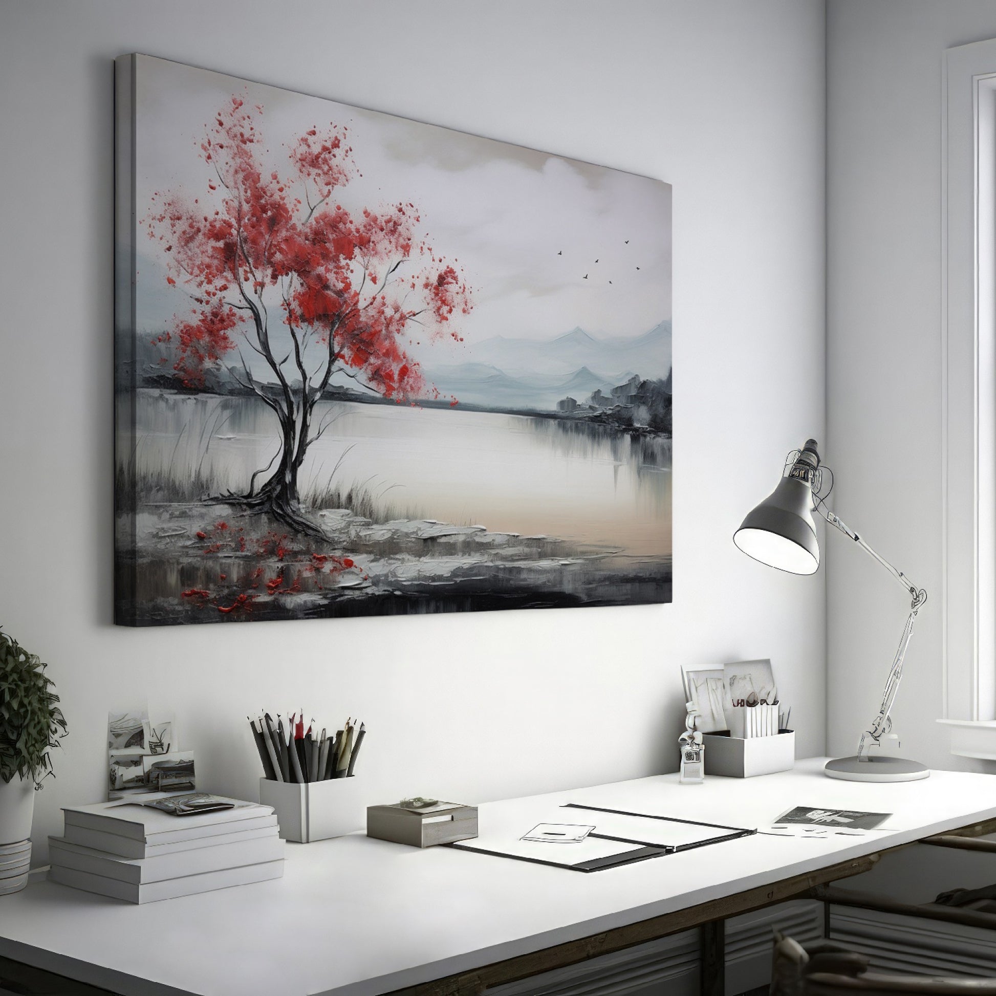 Framed canvas print of a serene landscape painting showcasing a vibrant red tree against a monochrome backdrop with flying birds