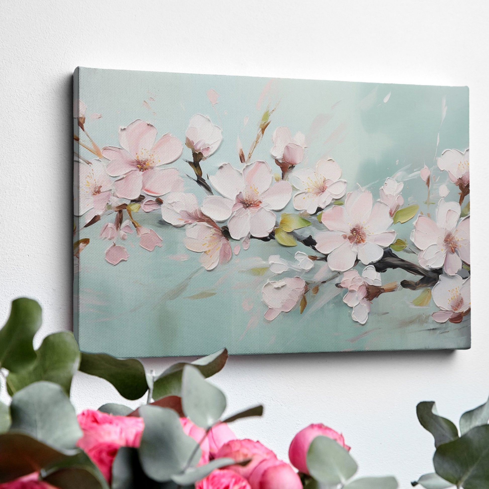 Framed canvas print of pastel cherry blossom flowers in impasto style