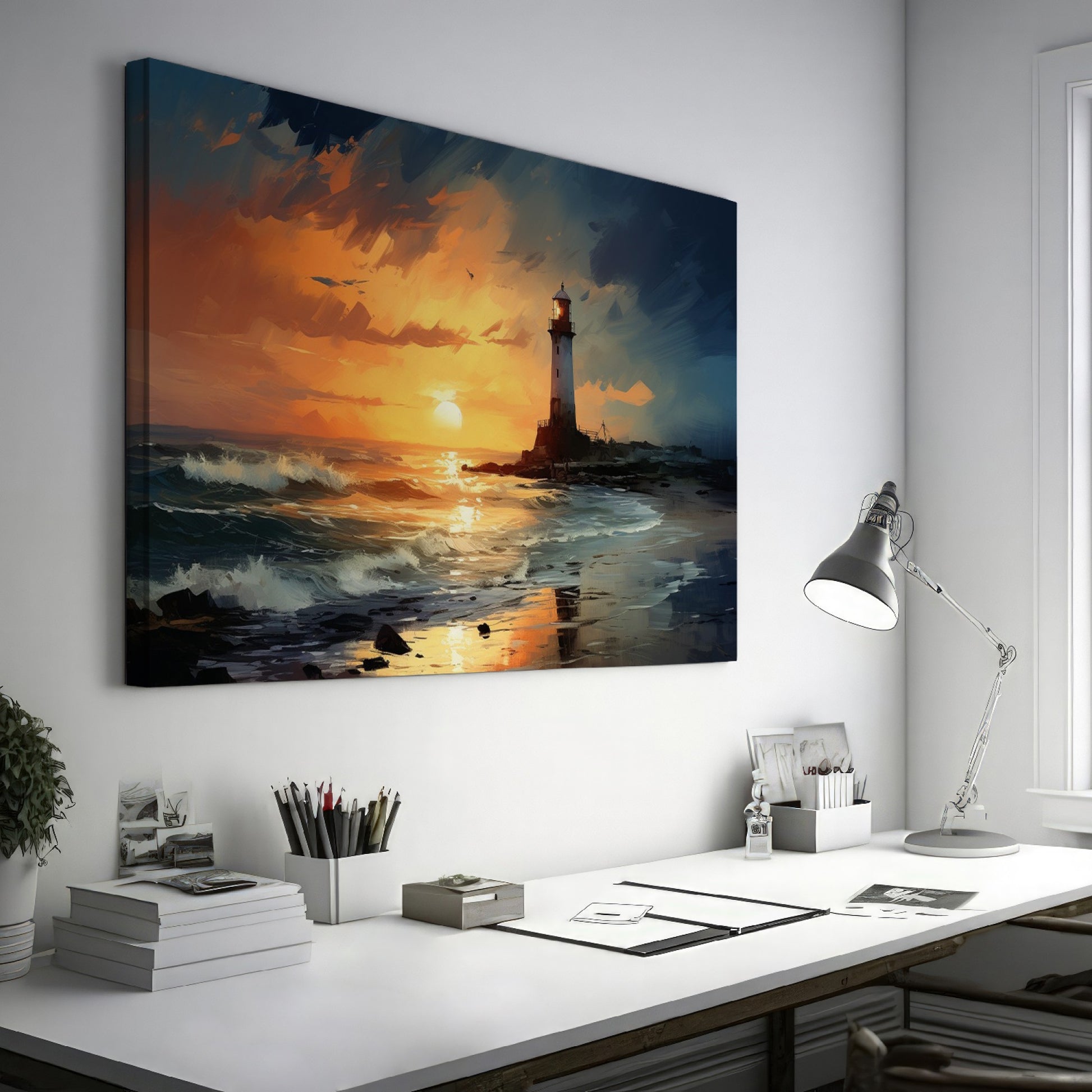 Framed canvas print of an impressionistic lighthouse seascape with vibrant sunset hues