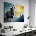 Framed canvas print of a howling wolf in a forest at sunset with orange and blue tones