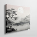 Framed canvas print of a monochrome Oriental ink wash landscape with misty mountains and a tree silhouette