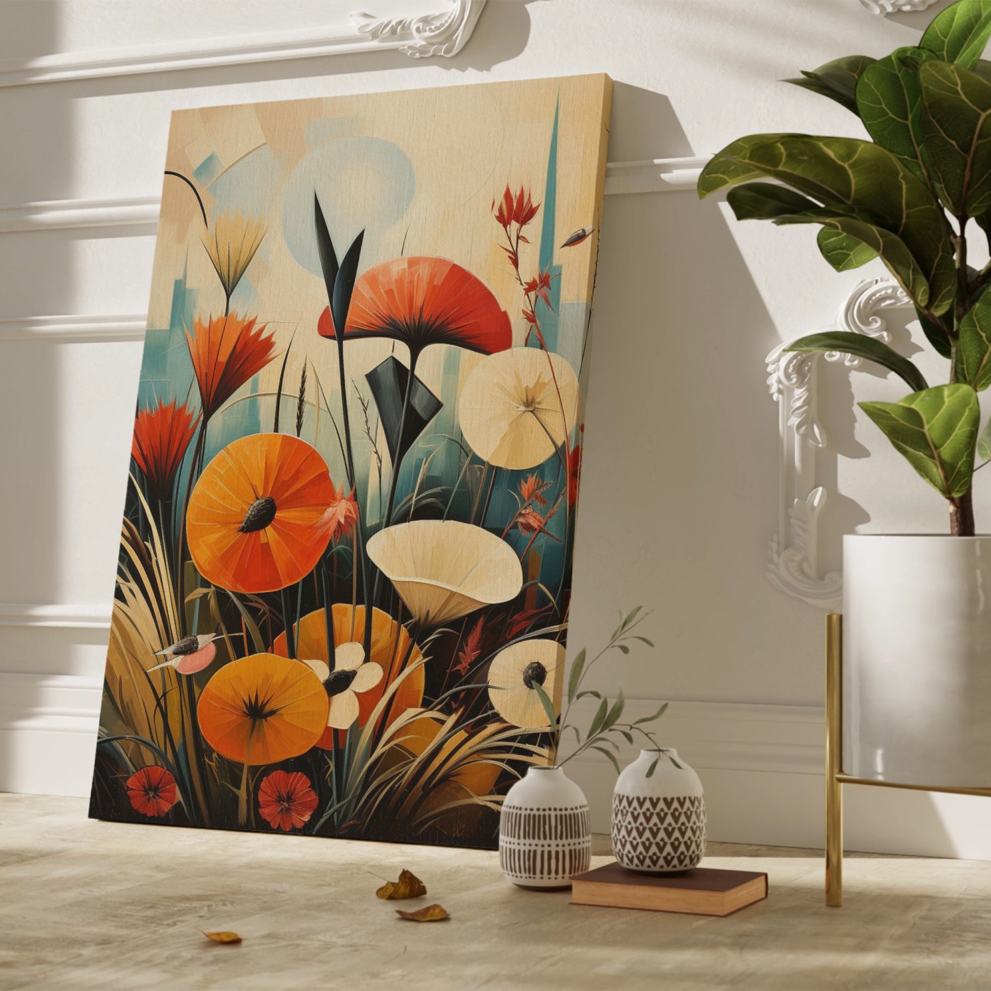 Framed canvas print of stylized poppies with a modern geometric cityscape background