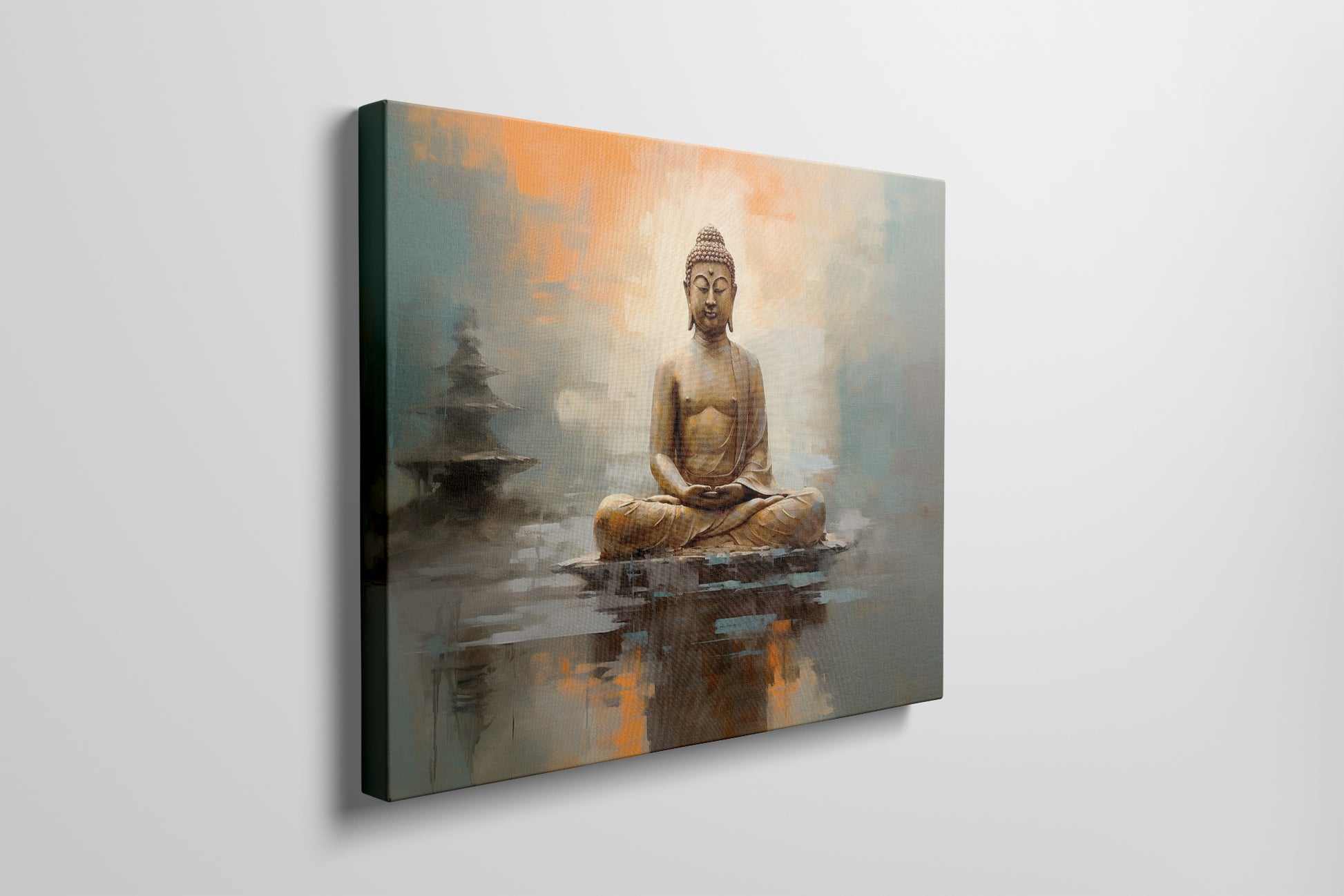 Framed canvas print of a serene Buddha in meditation with warm orange and soft blue abstract background