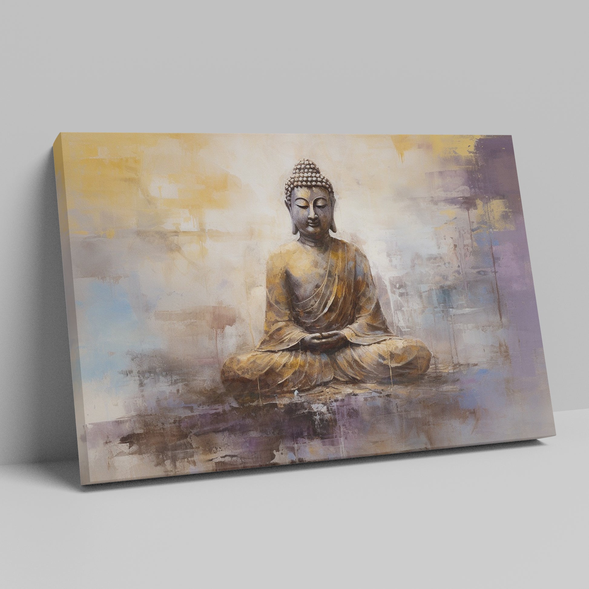 Framed canvas print of a golden Buddha in meditative pose with abstract background