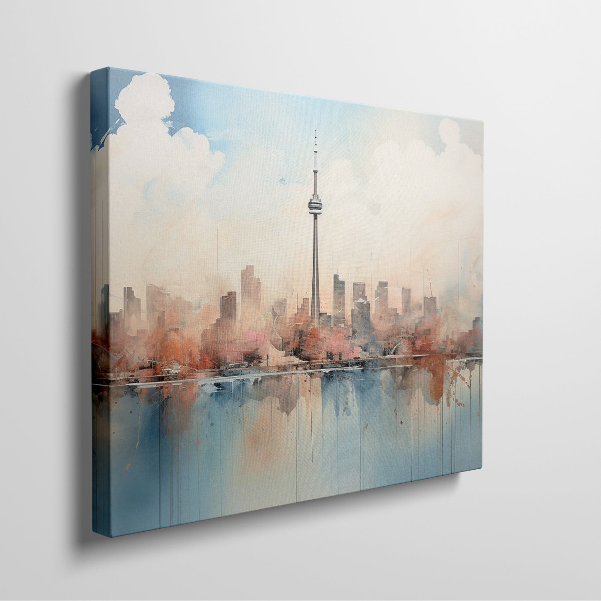 Framed canvas print of a soothing abstract cityscape with watercolour skyline and reflections