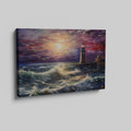 Framed canvas print of a dramatic sunset over a tempestuous sea with a lighthouse