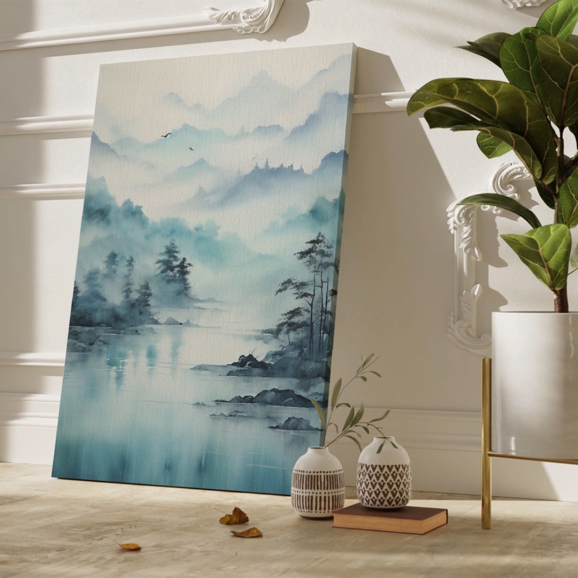 Framed canvas print of a tranquil watercolour landscape with misty blue mountains and serene lake