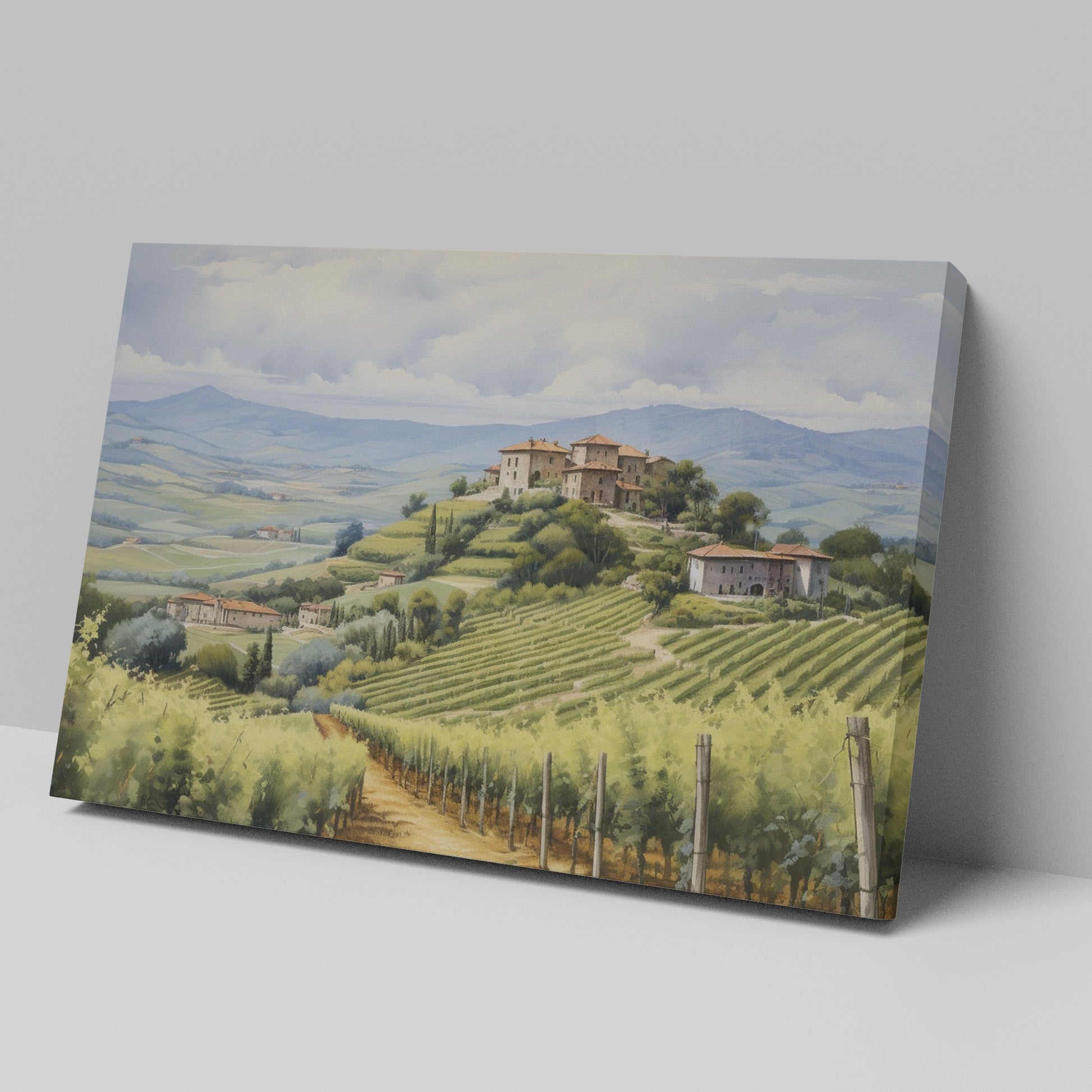 Framed canvas print of a tranquil Tuscan vineyard with rolling hills and Italian country houses