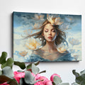 Framed canvas print of an ethereal woman with waterlilies and a dreamy blue palette