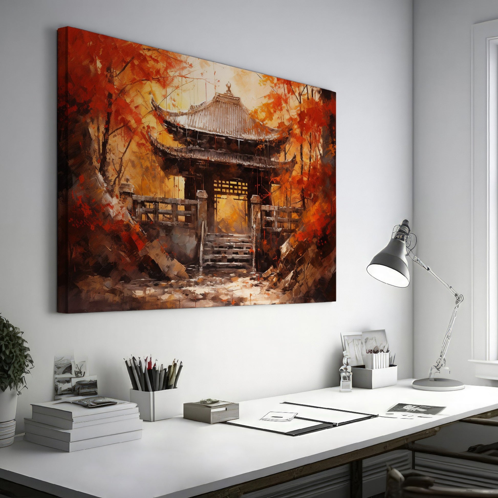 Canvas art of a traditional Asian temple surrounded by red and orange autumn leaves