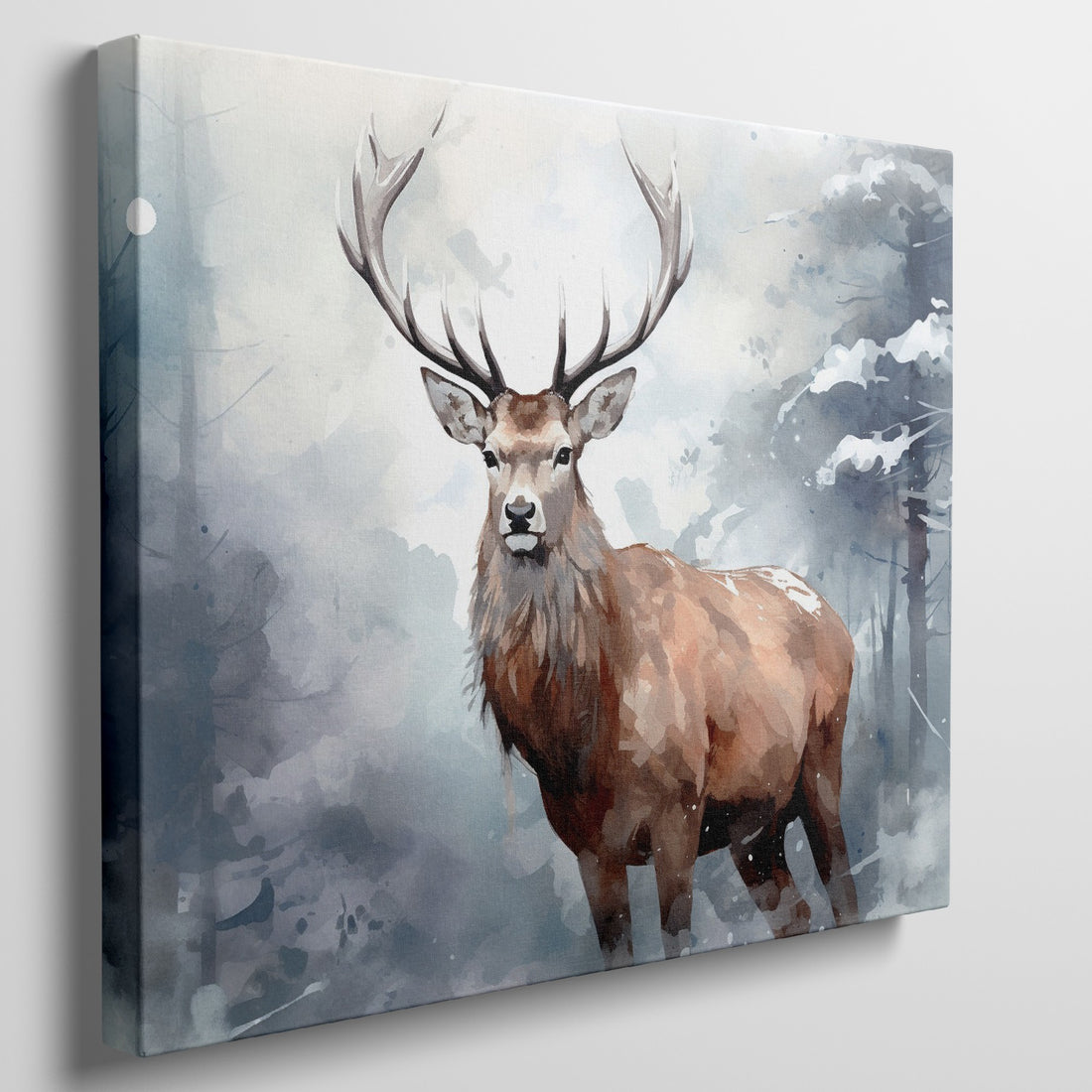 Watercolor painting of a stag in a misty forest with blue and brown tones.