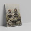 Framed canvas print of two realistic macaques with serene expressions sitting by a water pot