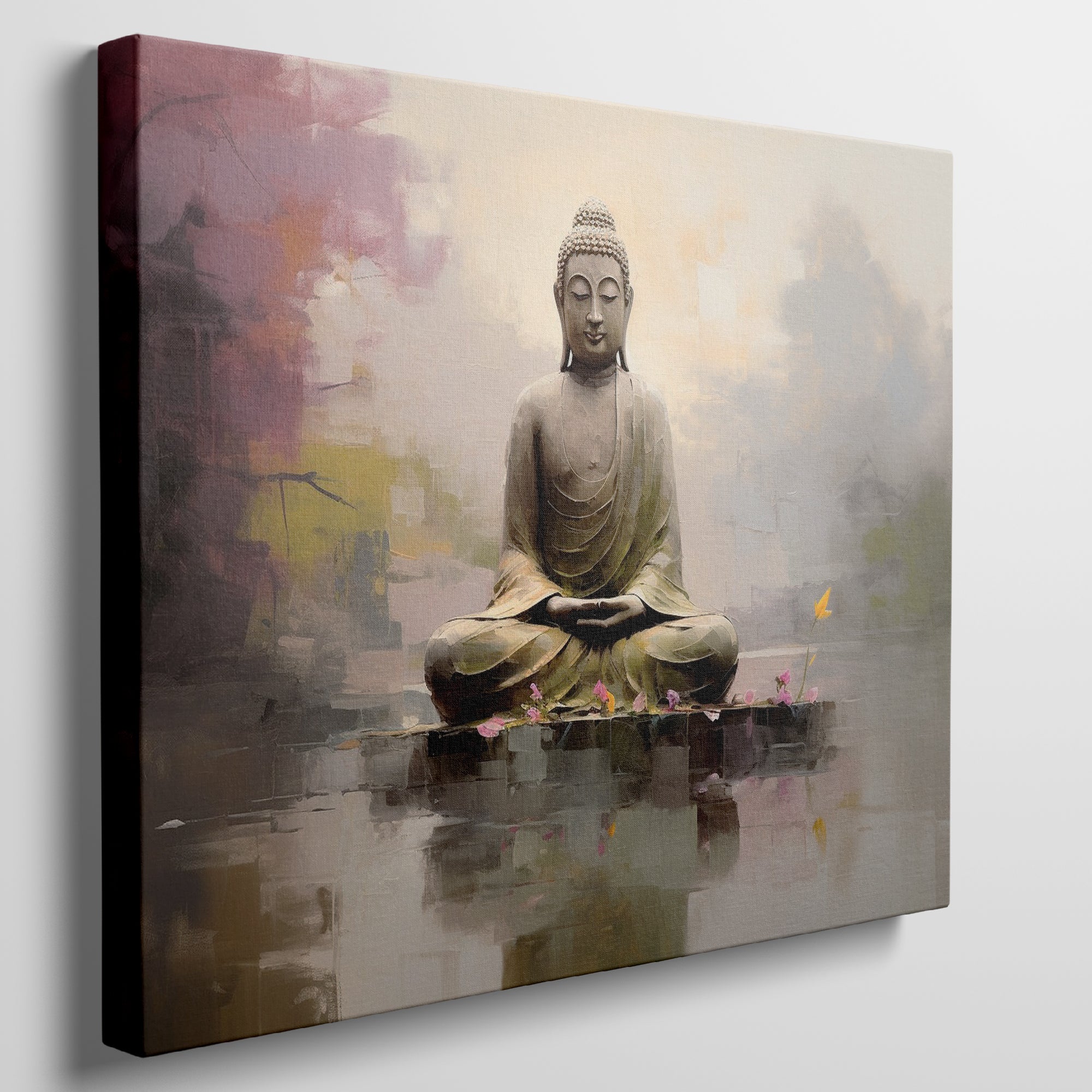 Framed canvas print of a serene Buddha in meditation, with vibrant, reflective water elements and a soft, modern background.