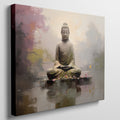 Framed canvas print of a serene Buddha in meditation, with vibrant, reflective water elements and a soft, modern background.