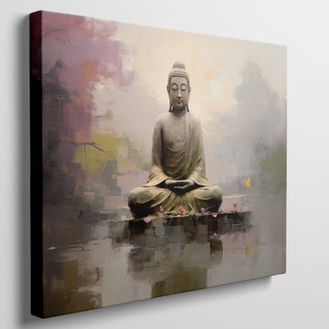 Framed canvas print of a serene Buddha in meditation, with vibrant, reflective water elements and a soft, modern background.