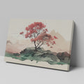 Framed canvas print of a serene cherry blossom tree amidst a minimalist mountain range