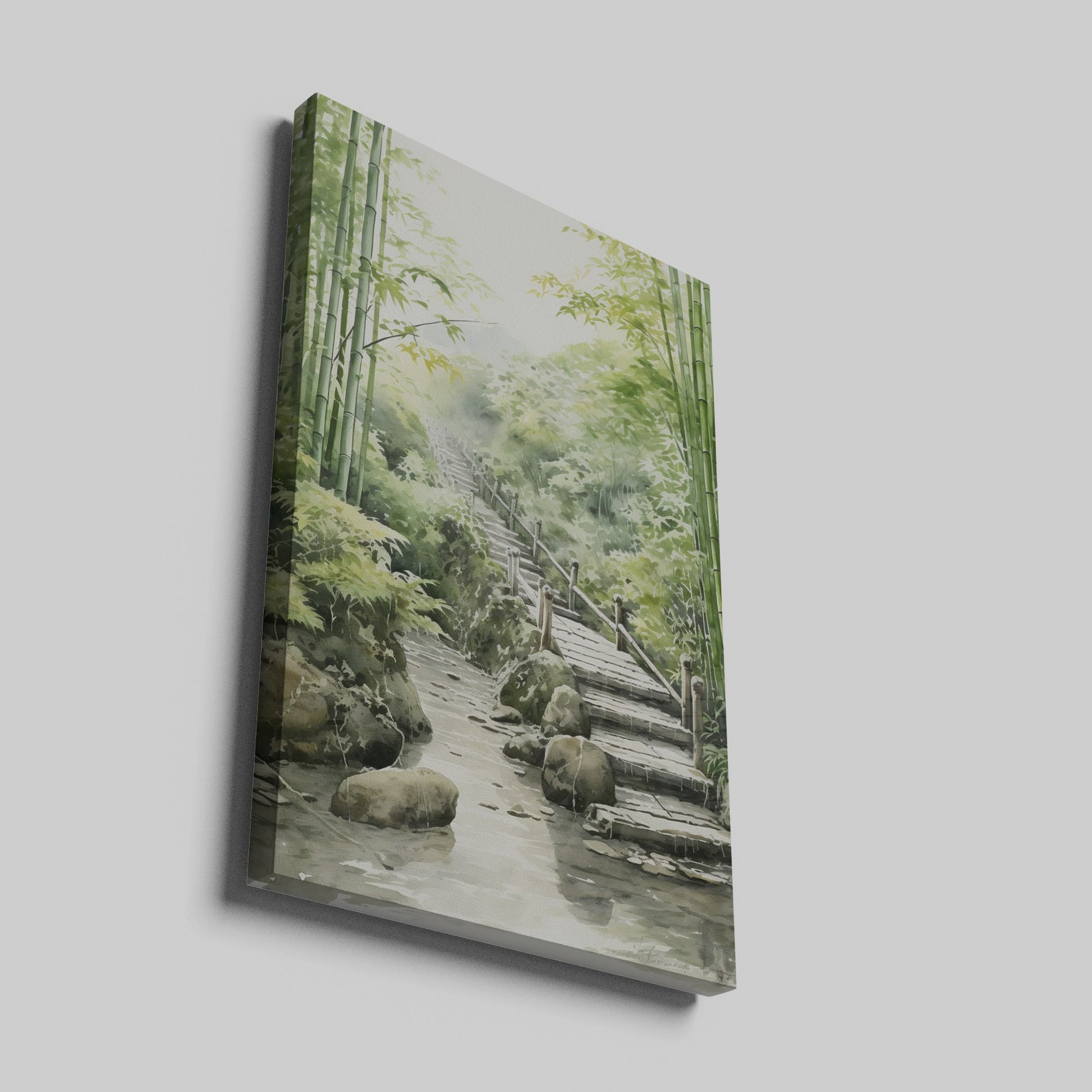 Framed canvas print of tranquil bamboo forest with arched bridge and stream in watercolour