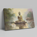 Framed canvas print of a serene golden Buddha seated by water with impressionistic background