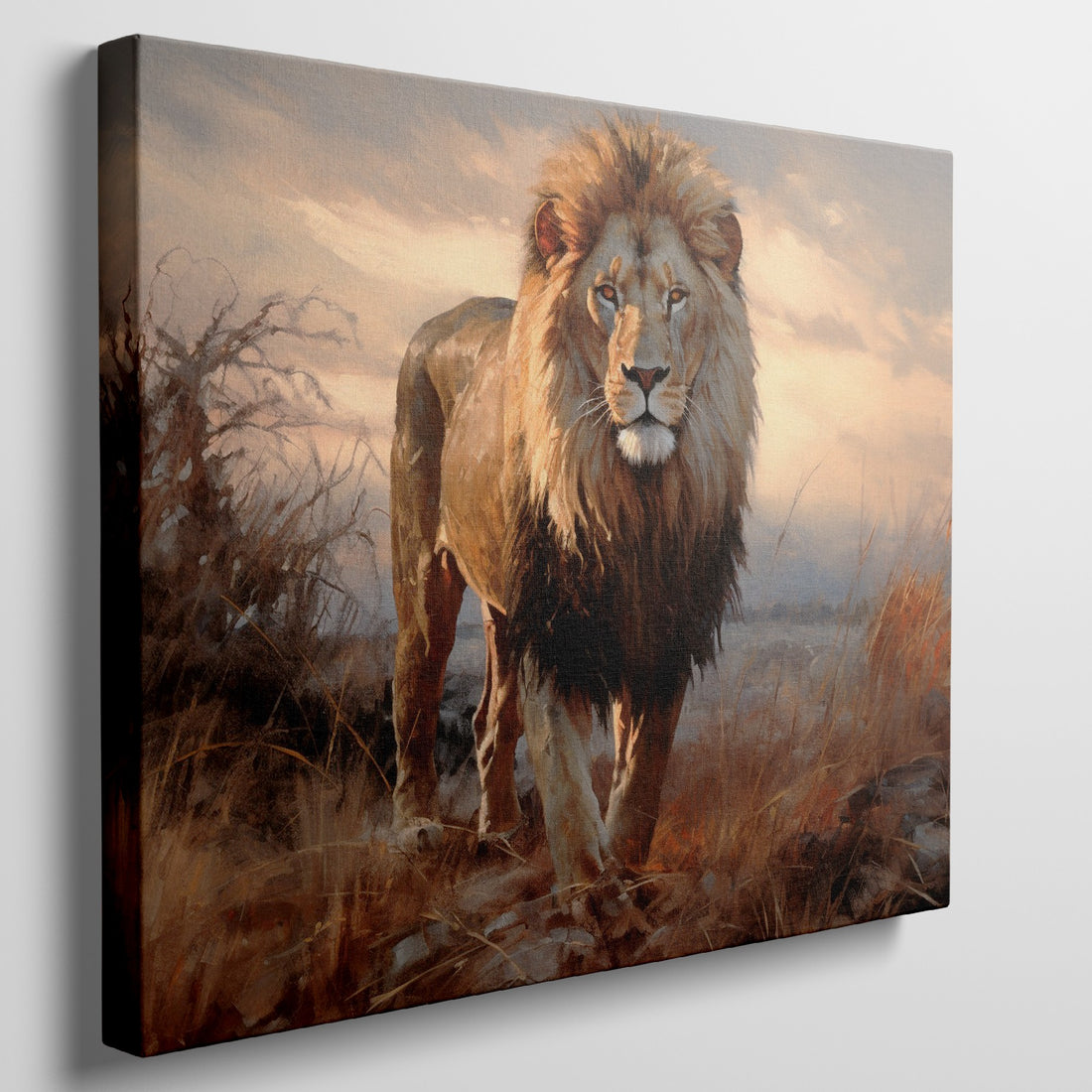 Framed canvas print of a realistic lion amidst a warm-toned African savannah landscape