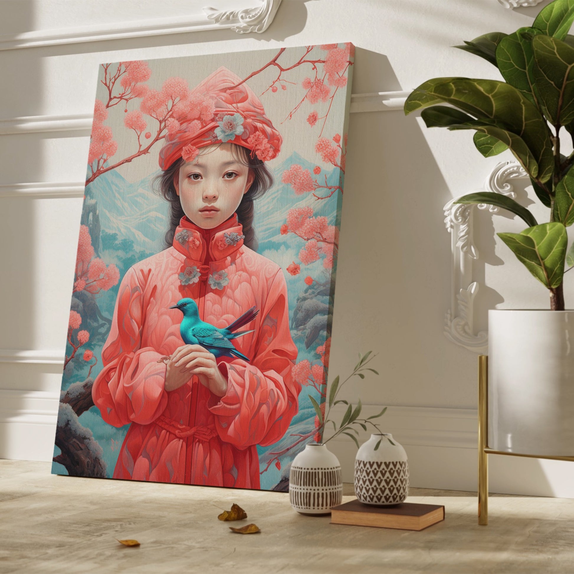 Framed canvas print of an Oriental girl in traditional pink attire with a blue bird and cherry blossoms