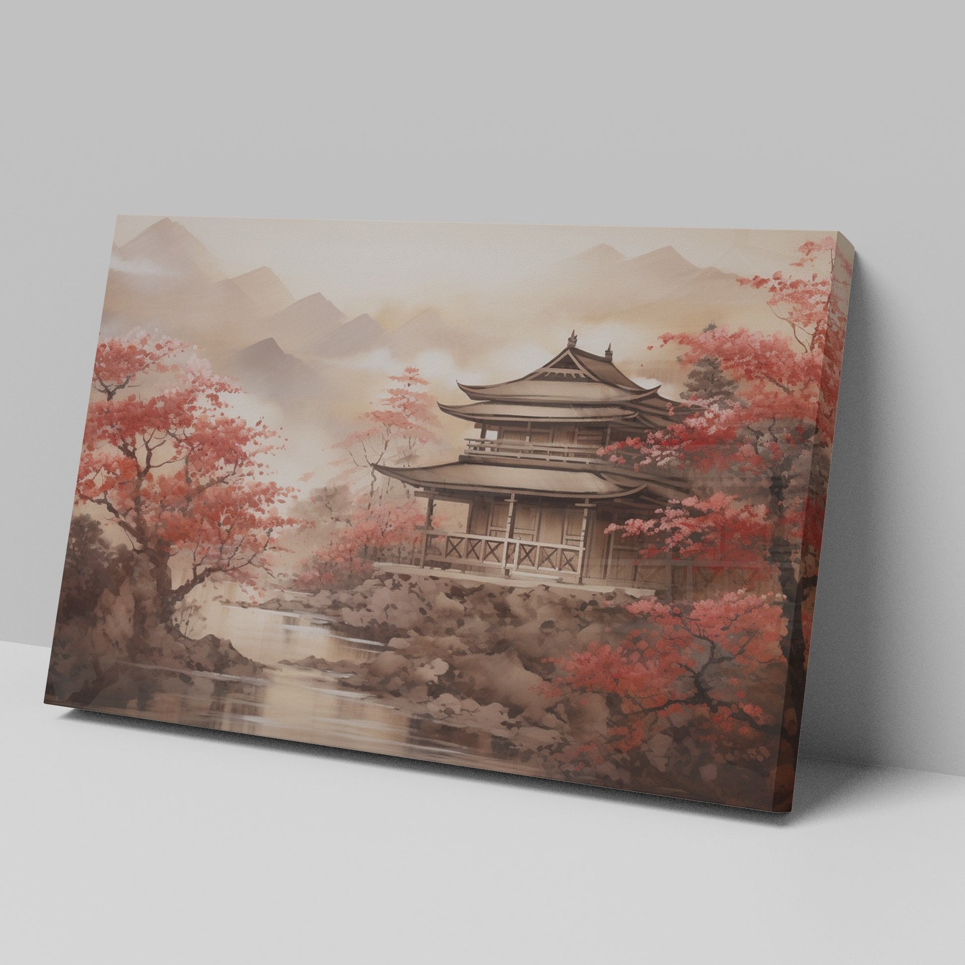 Framed canvas print of Oriental Asian Pagoda scene with Cherry Blossoms and misty mountain backdrop