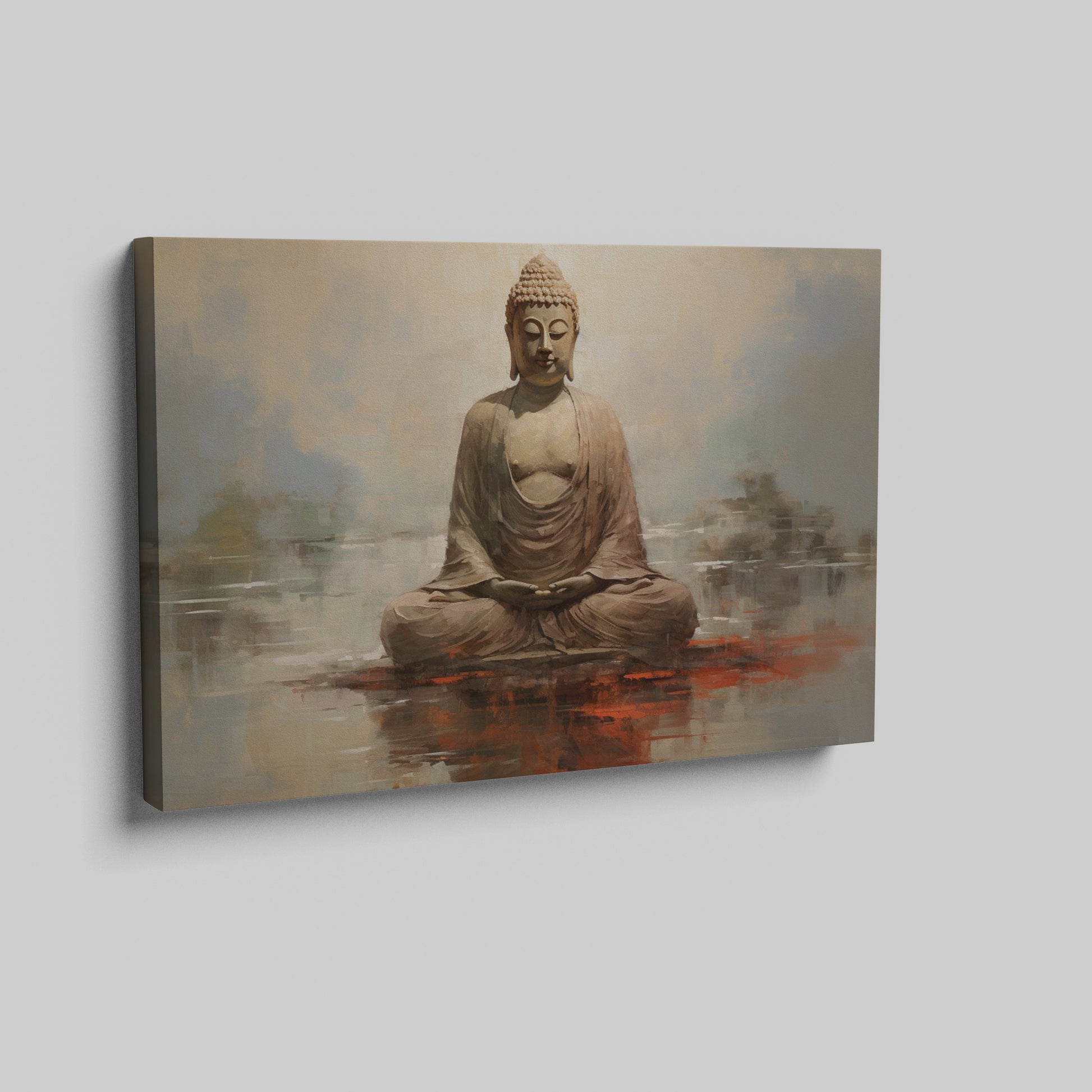 Framed canvas print of a meditative Buddha statue in warm earthy tones