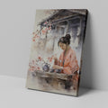 Framed canvas print of a Japanese tea ceremony with cherry blossoms and a woman in traditional attire