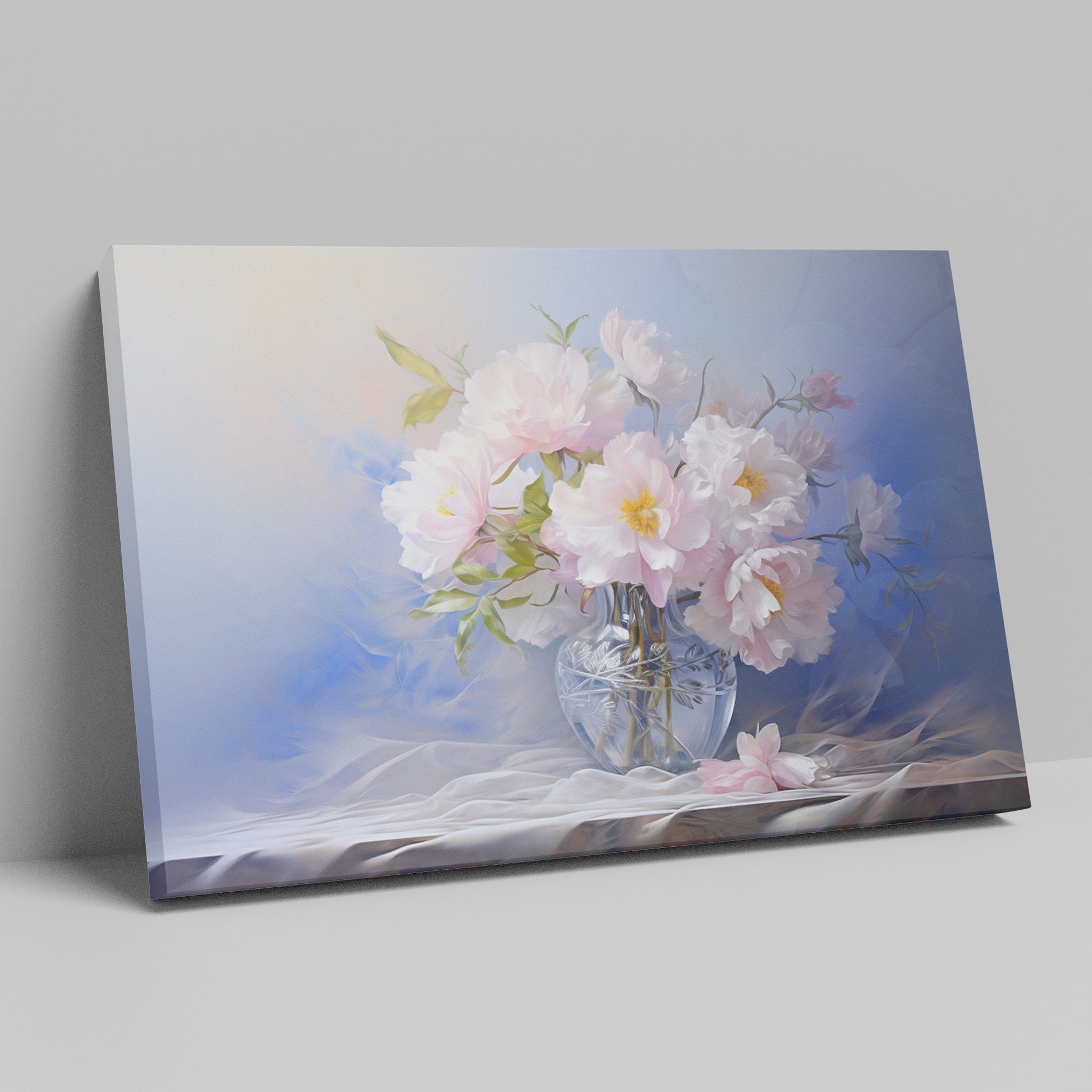 Framed canvas print of elegant pink peonies in an ornate glass vase portrayed with soft pastel colors