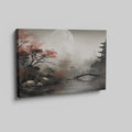 Framed canvas print of a serene Oriental landscape with a moonlit pagoda, red autumn leaves and a tranquil lake