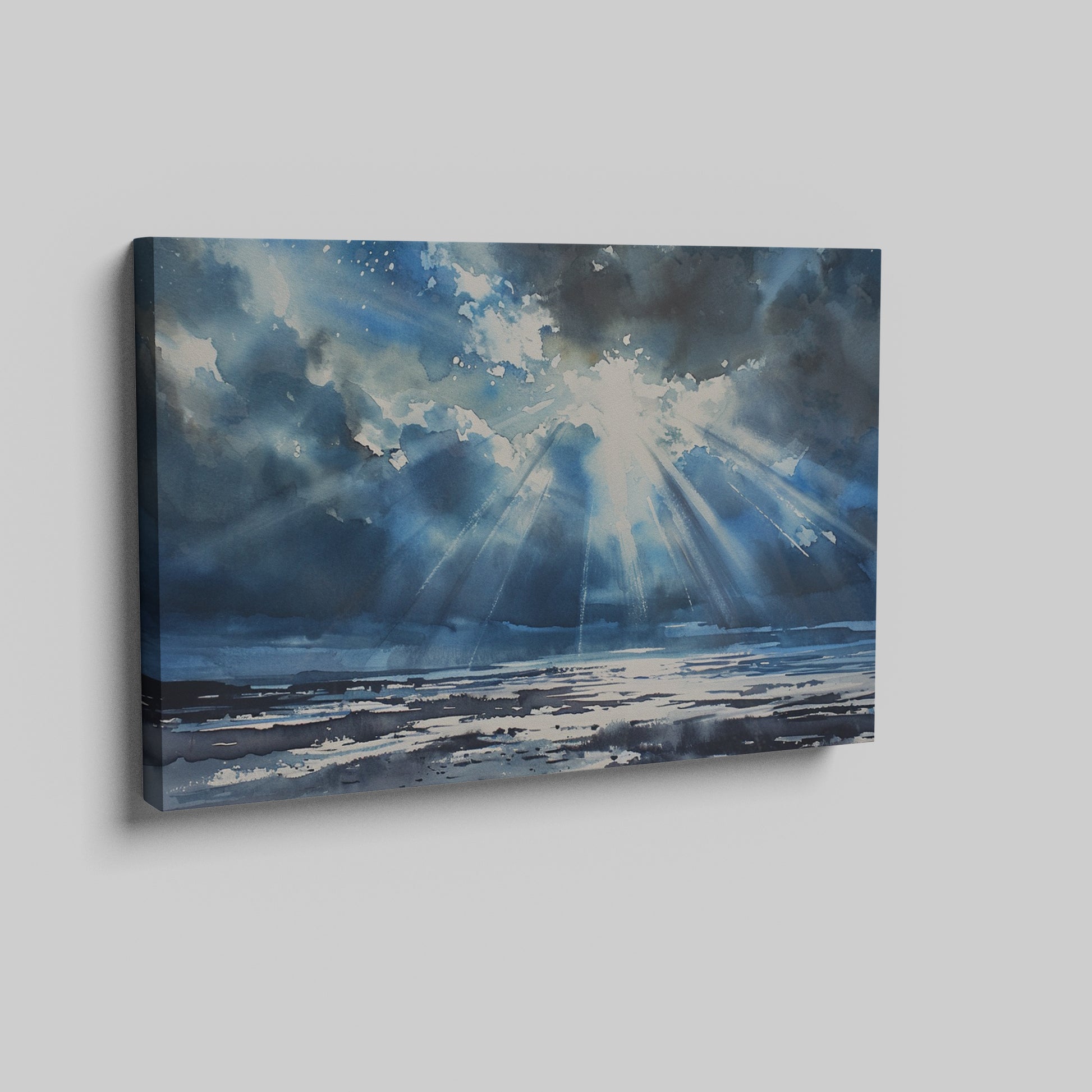 Watercolor canvas print of sunbeams shining through clouds onto the ocean