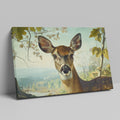 Framed canvas print of a realistic deer in a serene countryside setting with earthy tones