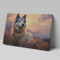 Framed canvas print of a serene dog portrait at sunset with warm amber and lavender tones