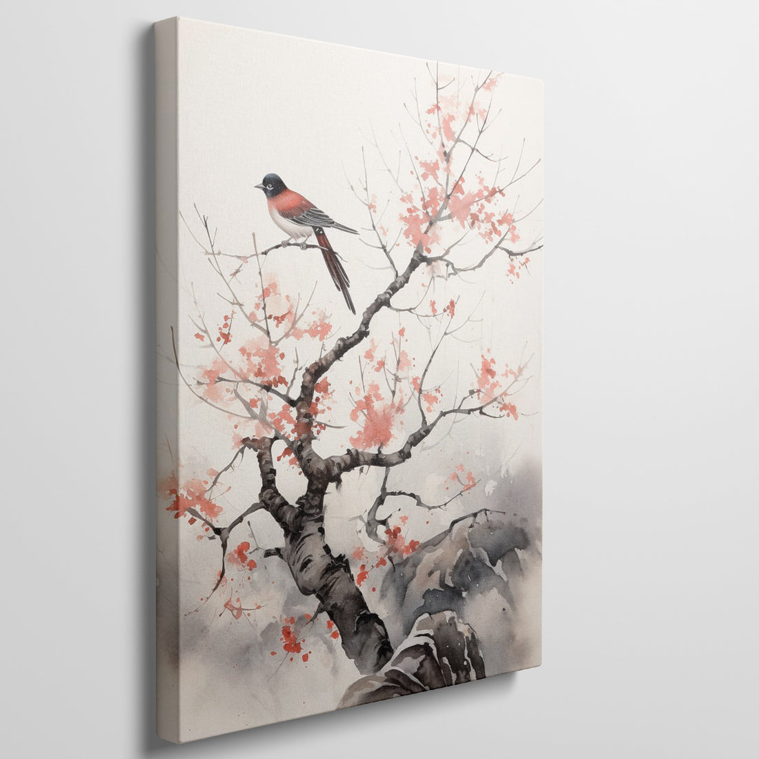 A canvas art print depicting a red-breasted bird on a blossoming tree branch with red flowers, rendered in a traditional Oriental watercolor style.