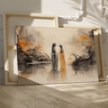 Framed canvas print of oriental ink wash painting with misty landscape and autumn hues