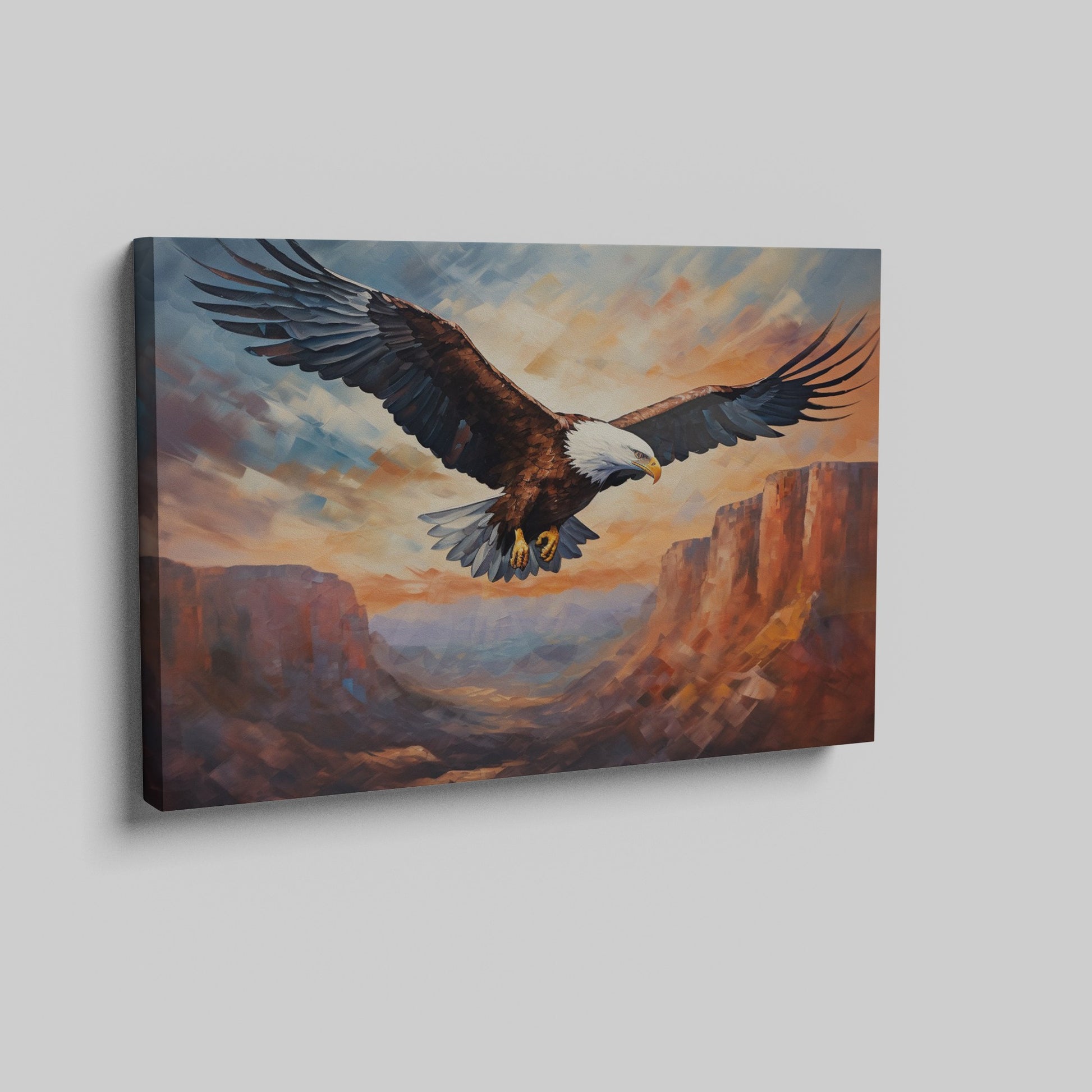 Framed canvas print of a majestic eagle soaring over a canyon at sunset